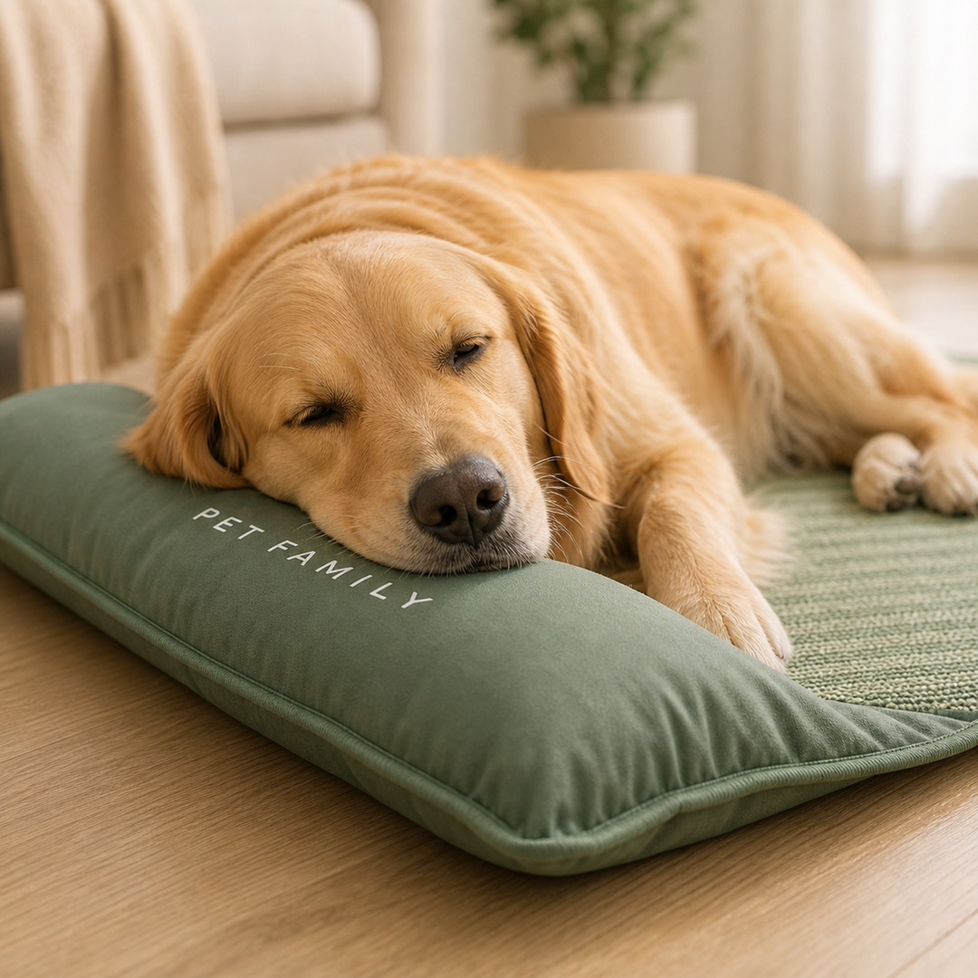 Green breathable pet cooling mat with headrest for dogs & cats, perfect for summer comfort.