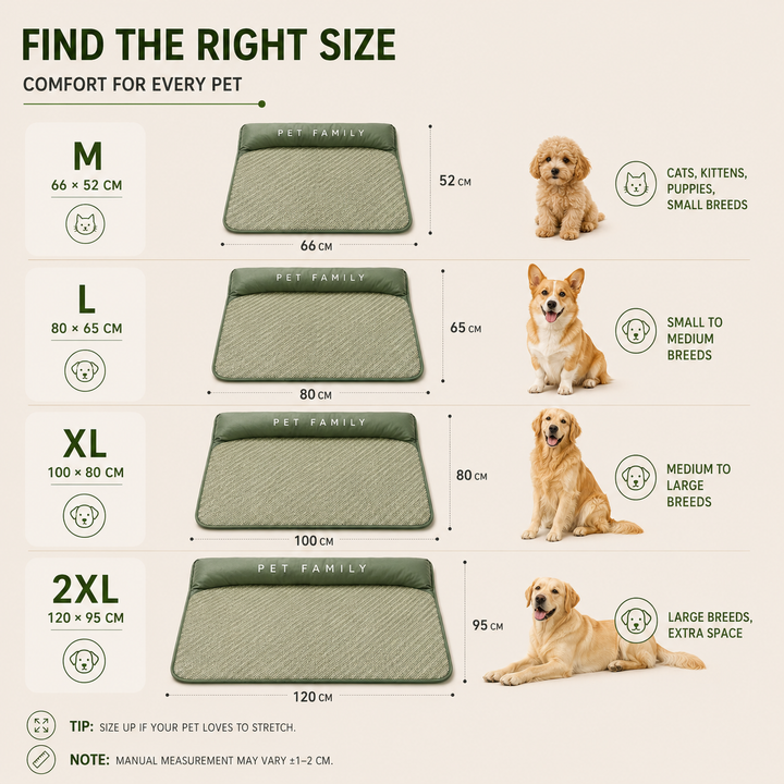 Cooling dog bed, breathable green mat with a soft headrest, providing summer comfort for pets.