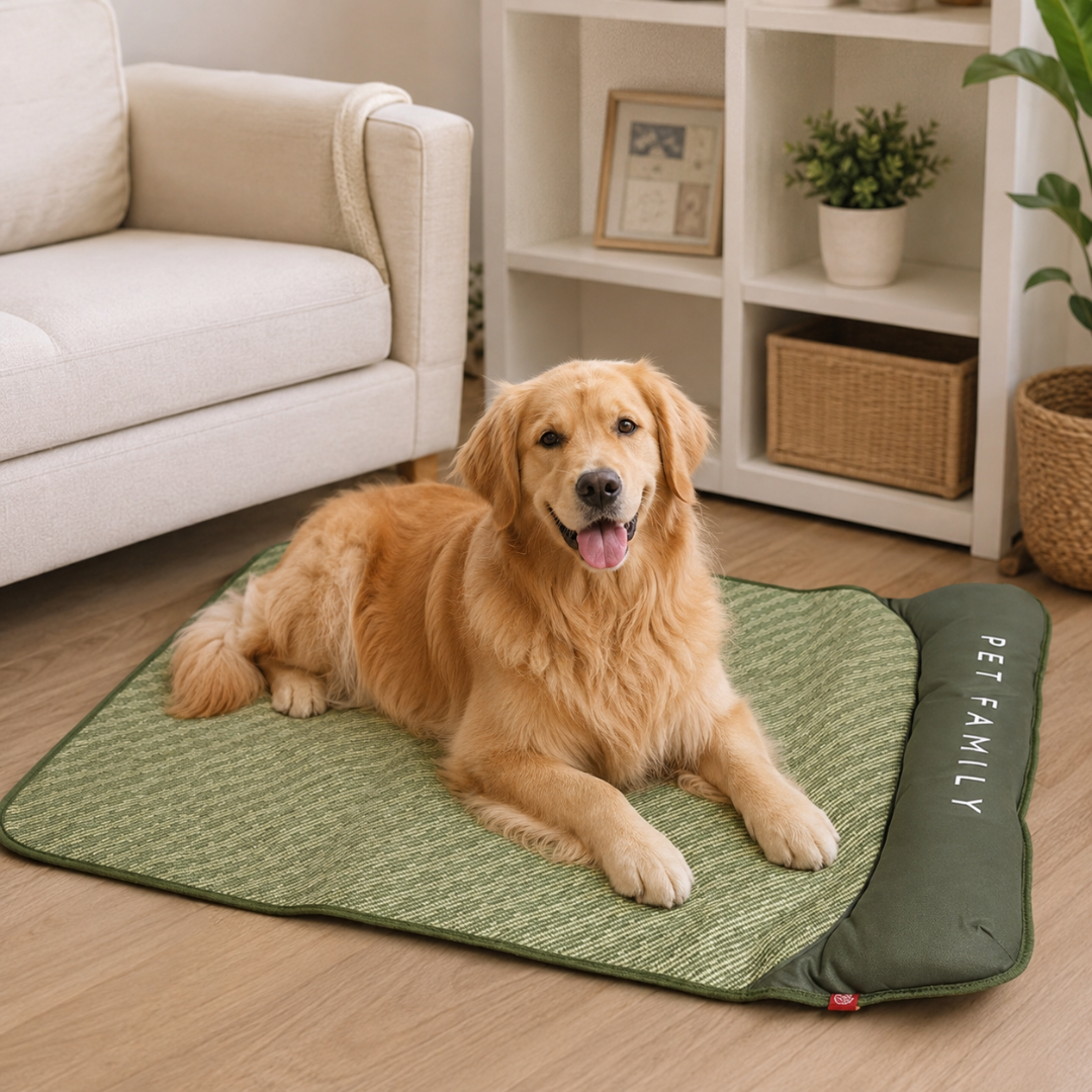 Cooling mat for pets: a breathable green dog bed with a comfy headrest for summer heat relief.