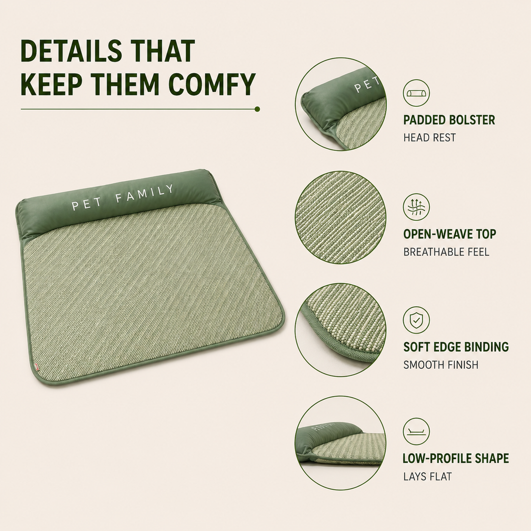 Summer pet cooling pad, green breathable mat with integrated headrest for ultimate dog & cat comfort.