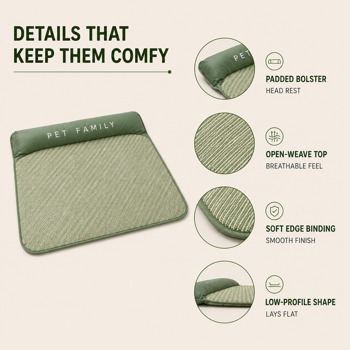 Summer pet cooling pad, green breathable mat with integrated headrest for ultimate dog & cat comfort.