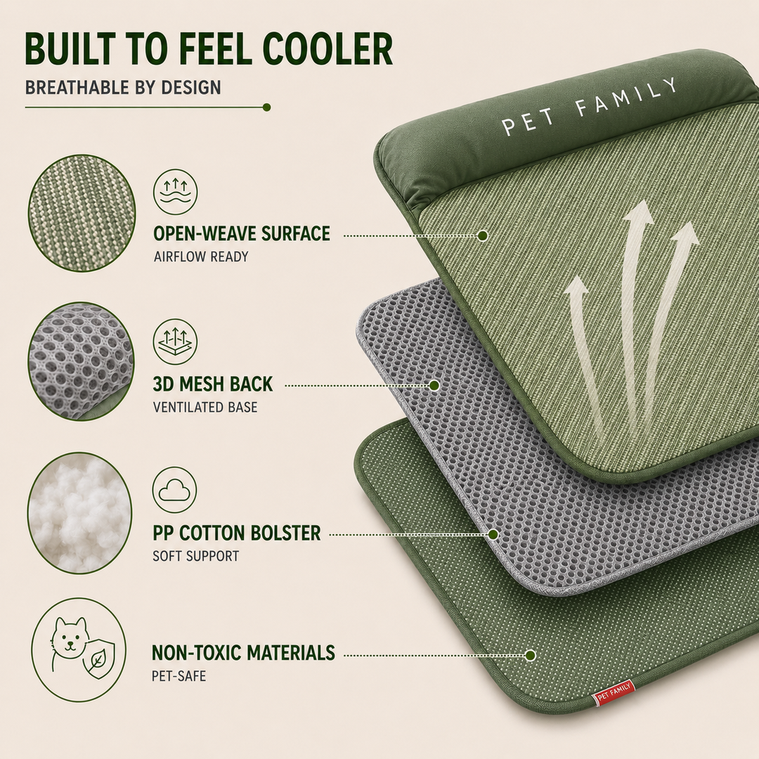 Dog cooling bed: a green breathable mat with a plush headrest, ideal for hot weather pet comfort.
