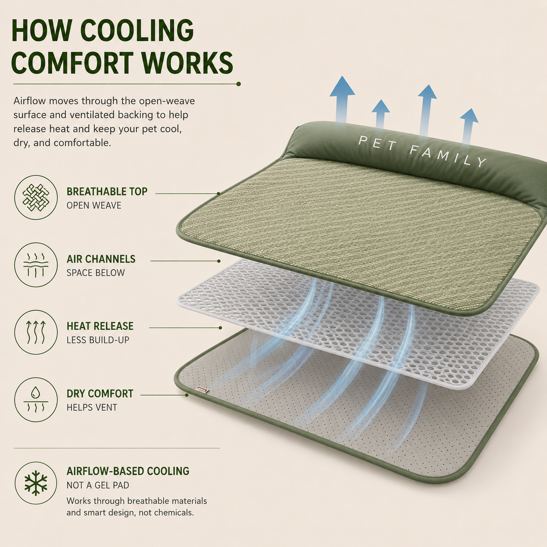 Cat cooling mat with headrest, breathable green pad for summer relief & pet relaxation.