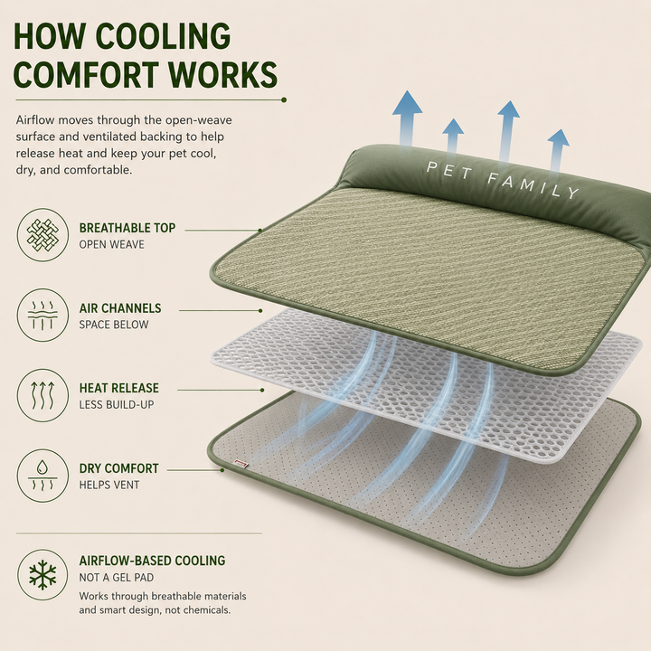 Cat cooling mat with headrest, breathable green pad for summer relief & pet relaxation.