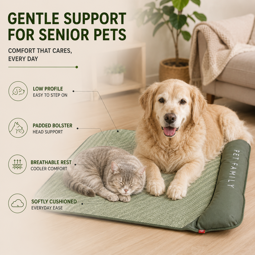 Unisex breathable pet cooling mat in green, with headrest, designed for dogs & cats.
