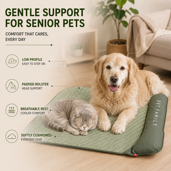 Unisex breathable pet cooling mat in green, with headrest, designed for dogs & cats.