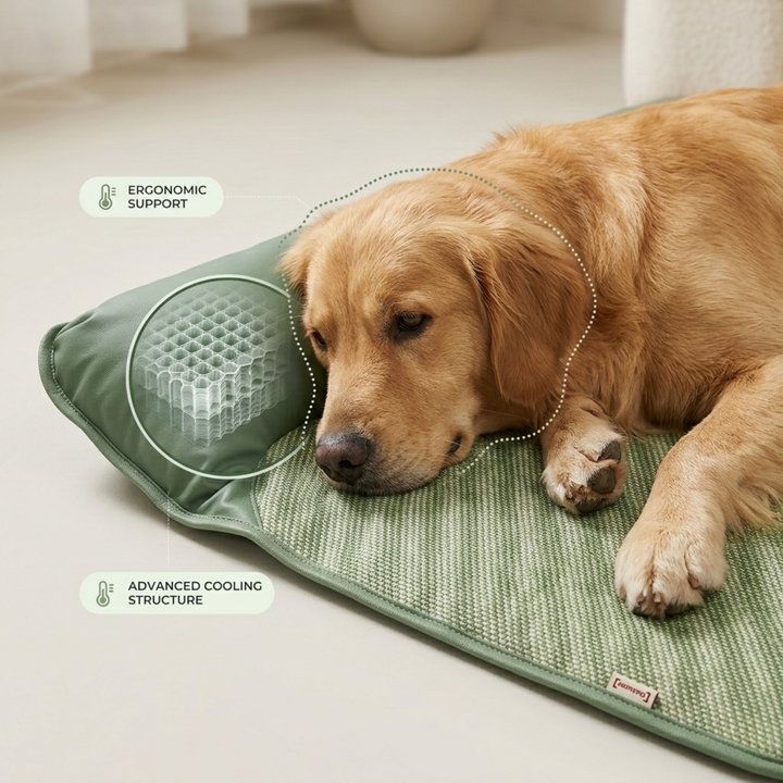 Green breathable cooling pad for pets, featuring a comfortable headrest for dog & cat summer rest.