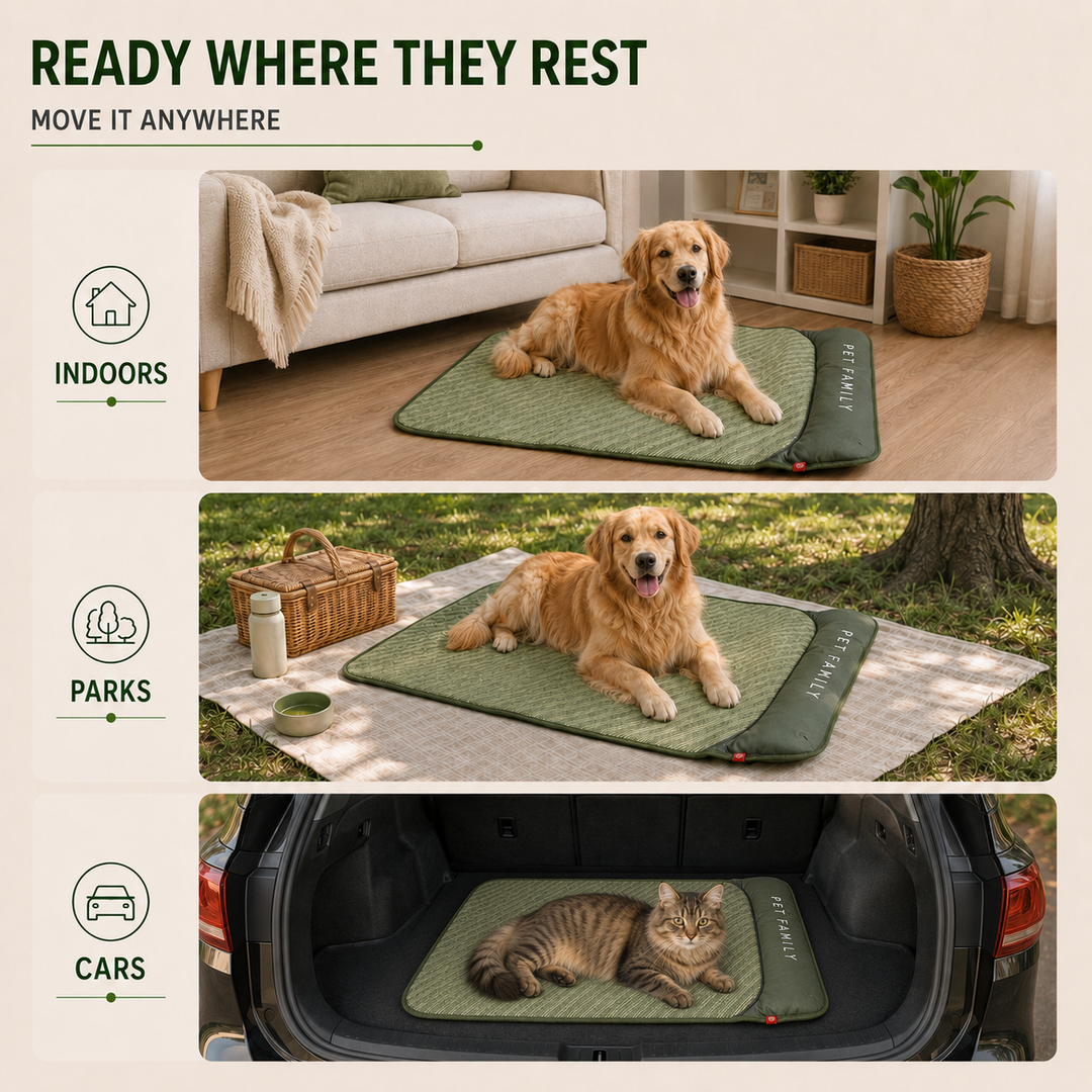 Durable breathable pet cooling mat in green, with headrest, suitable for dogs & cats in summer.