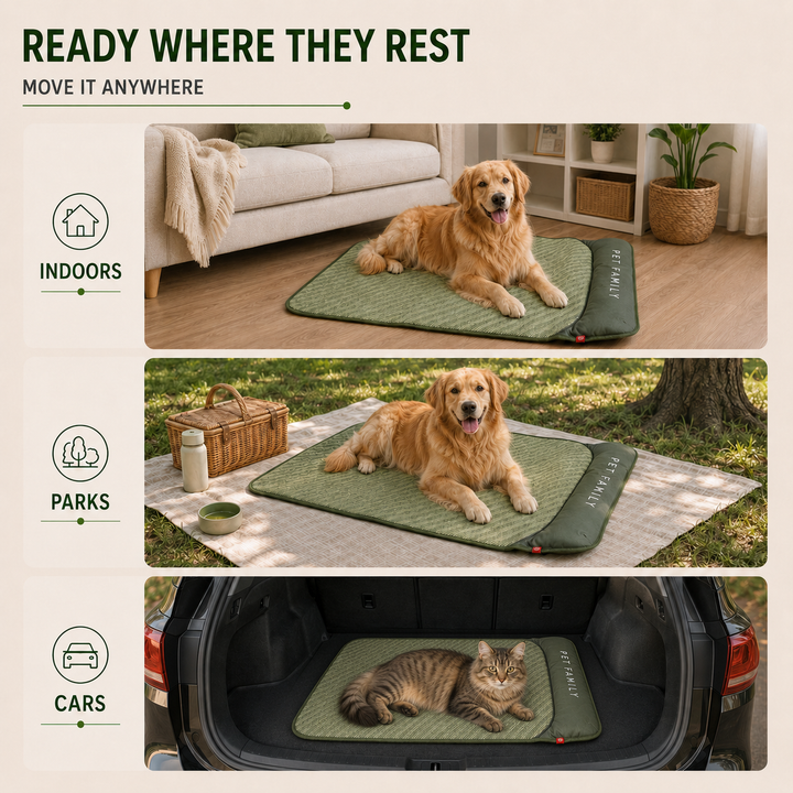 Durable breathable pet cooling mat in green, with headrest, suitable for dogs & cats in summer.