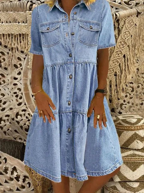 Women's chic button-front tiered shirt dress. Short sleeve, collared for casual summer style. Relaxed fit.