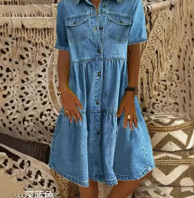 Effortless women's tiered A-line shirt dress with button-front. Perfect for casual everyday summer wear.