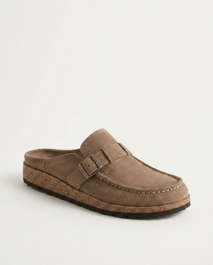 Men's Effortless Buckle Detail Slip-On Mule Clogs. Casual, comfortable footwear with a chunky sole.