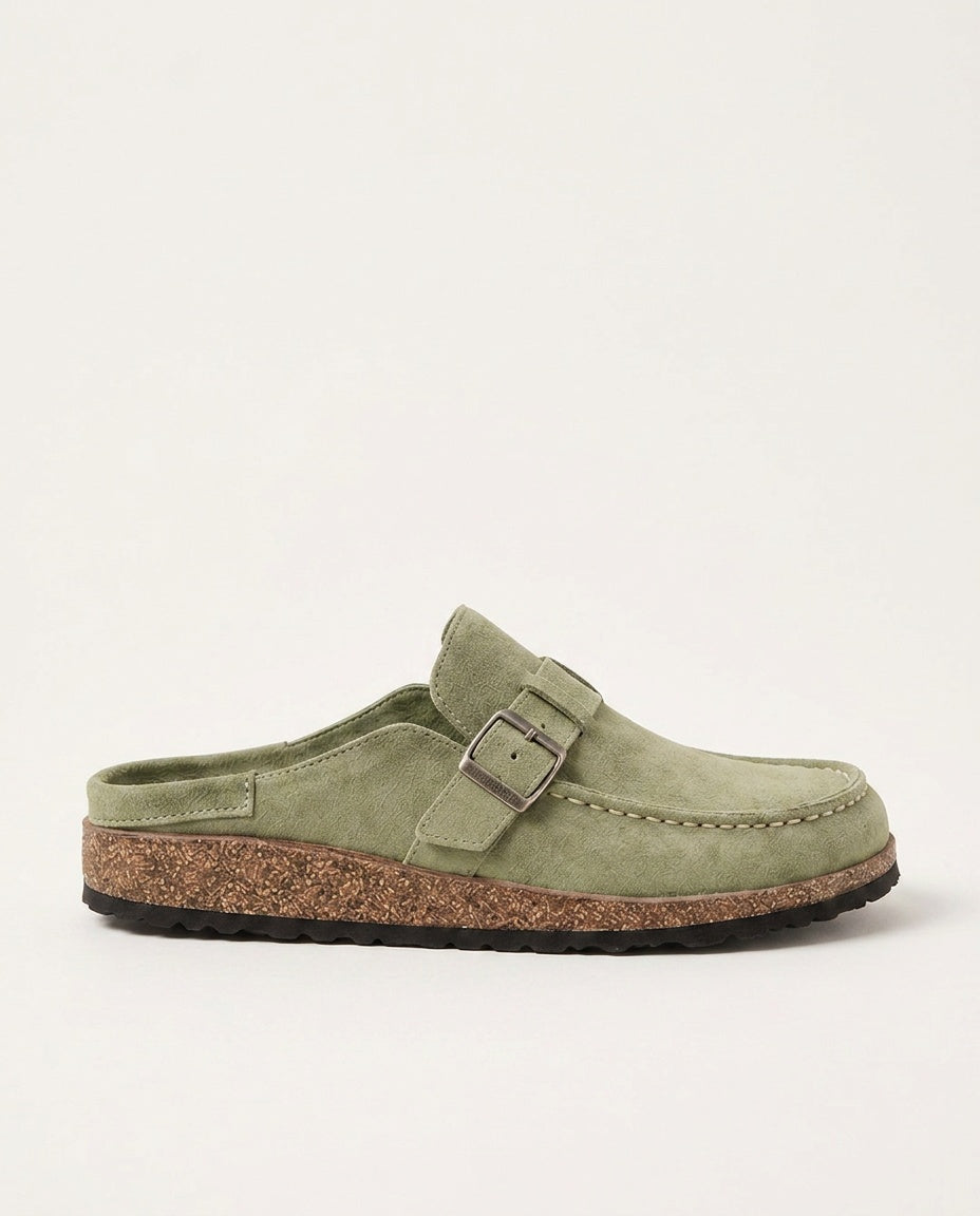 Easy slip-on men's buckle clogs. Comfortable everyday footwear with a chunky sole and round toe design.