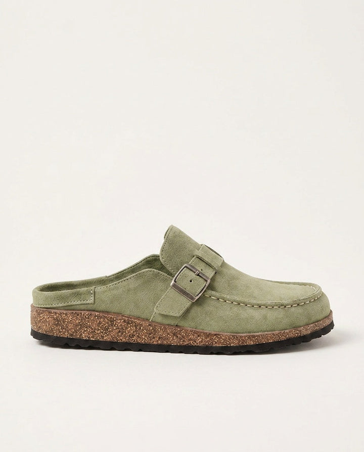 Easy slip-on men's buckle clogs. Comfortable everyday footwear with a chunky sole and round toe design.
