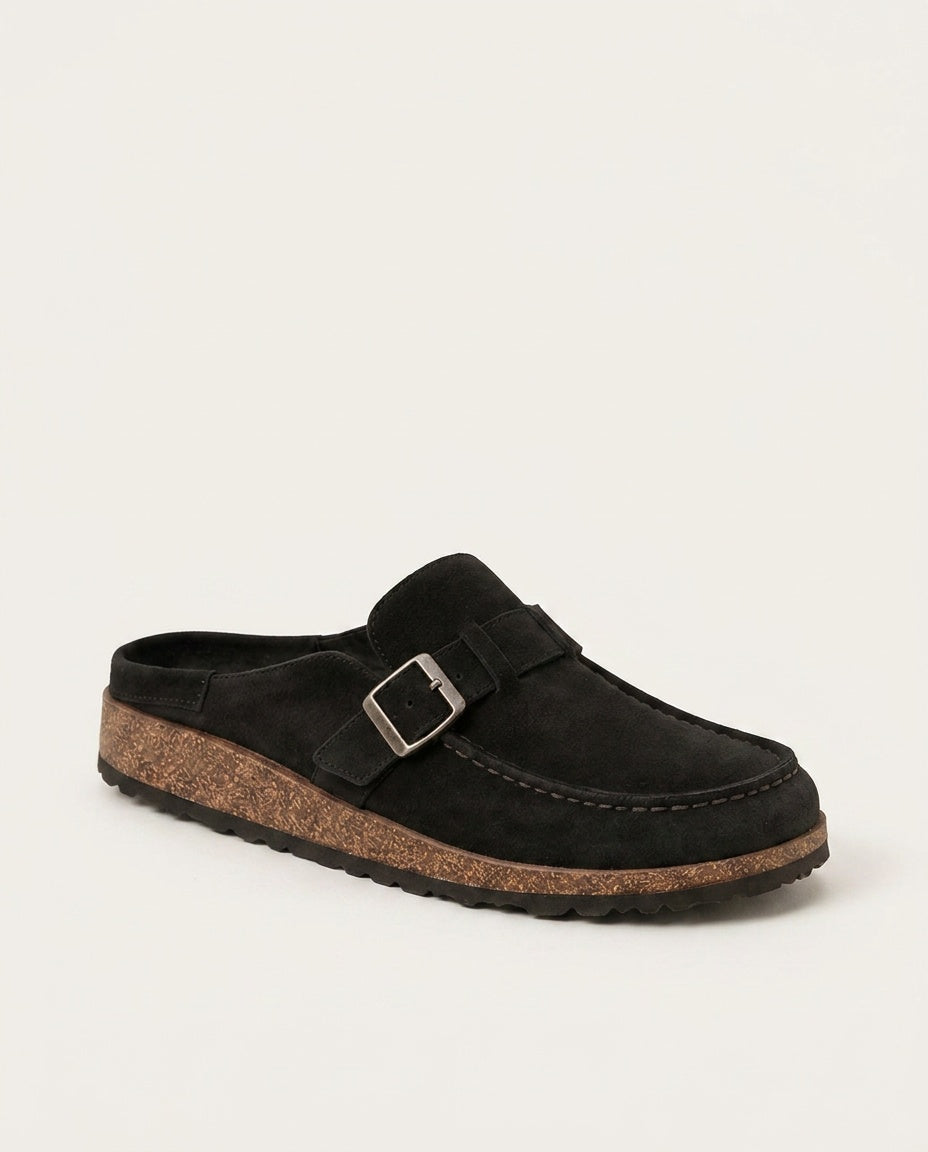 Men's casual slip-on buckle mule clogs. Features a sturdy chunky sole & round toe for everyday comfort.
