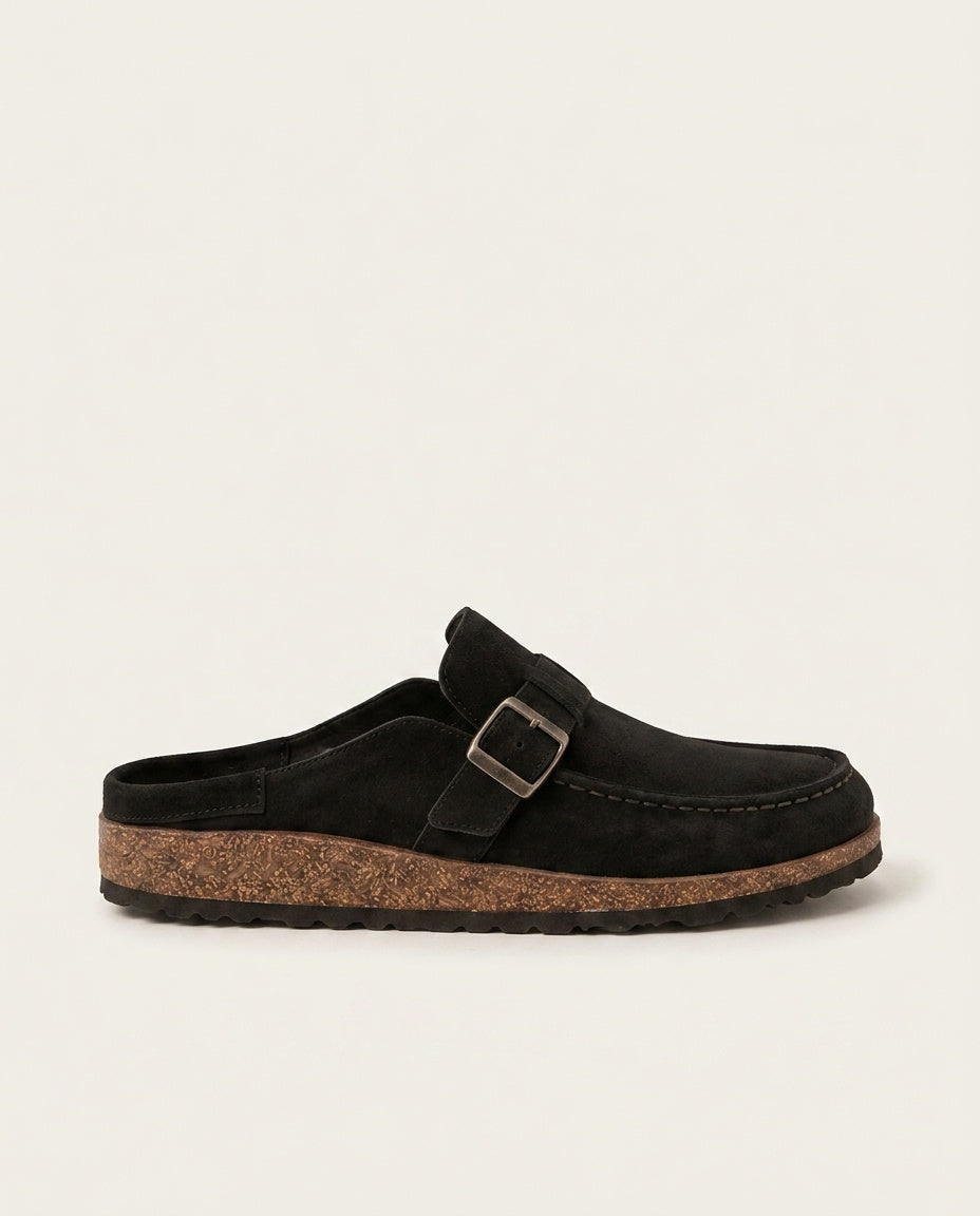 Men's comfortable slip-on clogs with buckle detail. Effortless smart casual footwear for versatile styling.