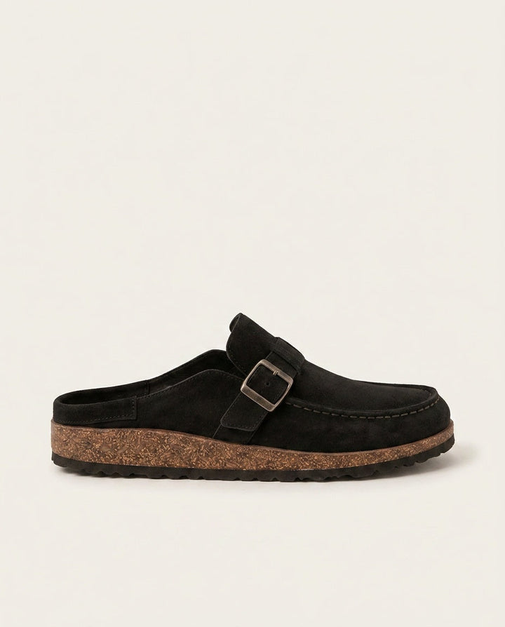 Men's comfortable slip-on clogs with buckle detail. Effortless smart casual footwear for versatile styling.