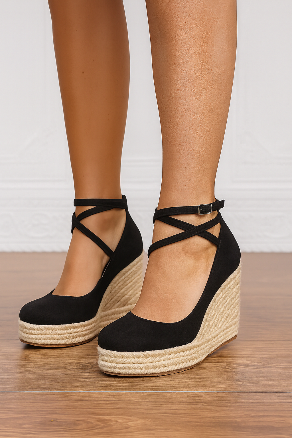 Elegant black espadrille wedge heels for women, featuring a secure ankle strap, perfect for summer casual chic.