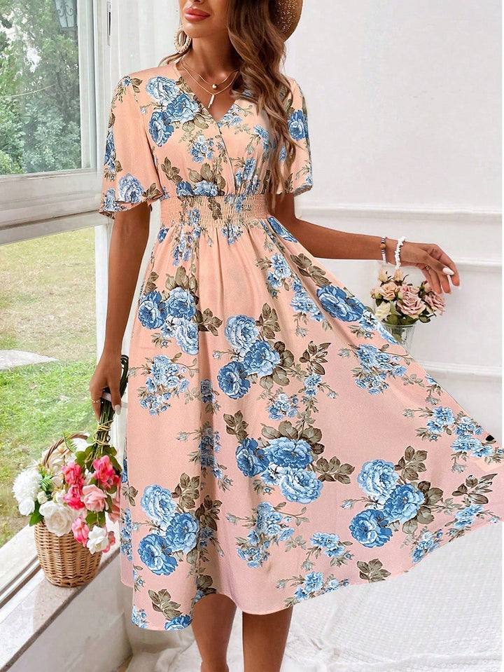 Versatile women's floral midi dress with flutter sleeves, ideal for brunch, parties, or everyday chic.