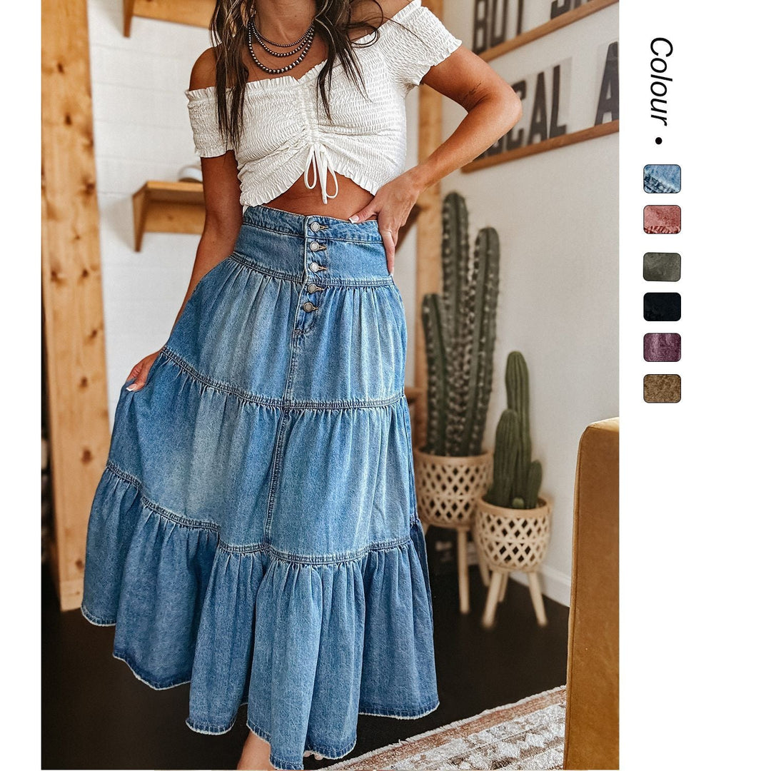 Elegant women's tiered midi skirt with a full button front. Features a flowy, high-waist design for versatile wear.