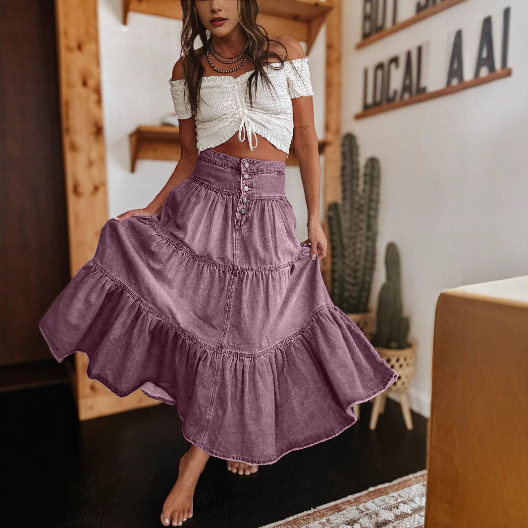 Casual summer midi skirt for women. This graceful tiered button-front design offers a comfortable, elegant look.