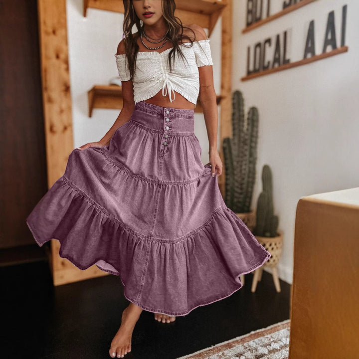Casual summer midi skirt for women. This graceful tiered button-front design offers a comfortable, elegant look.