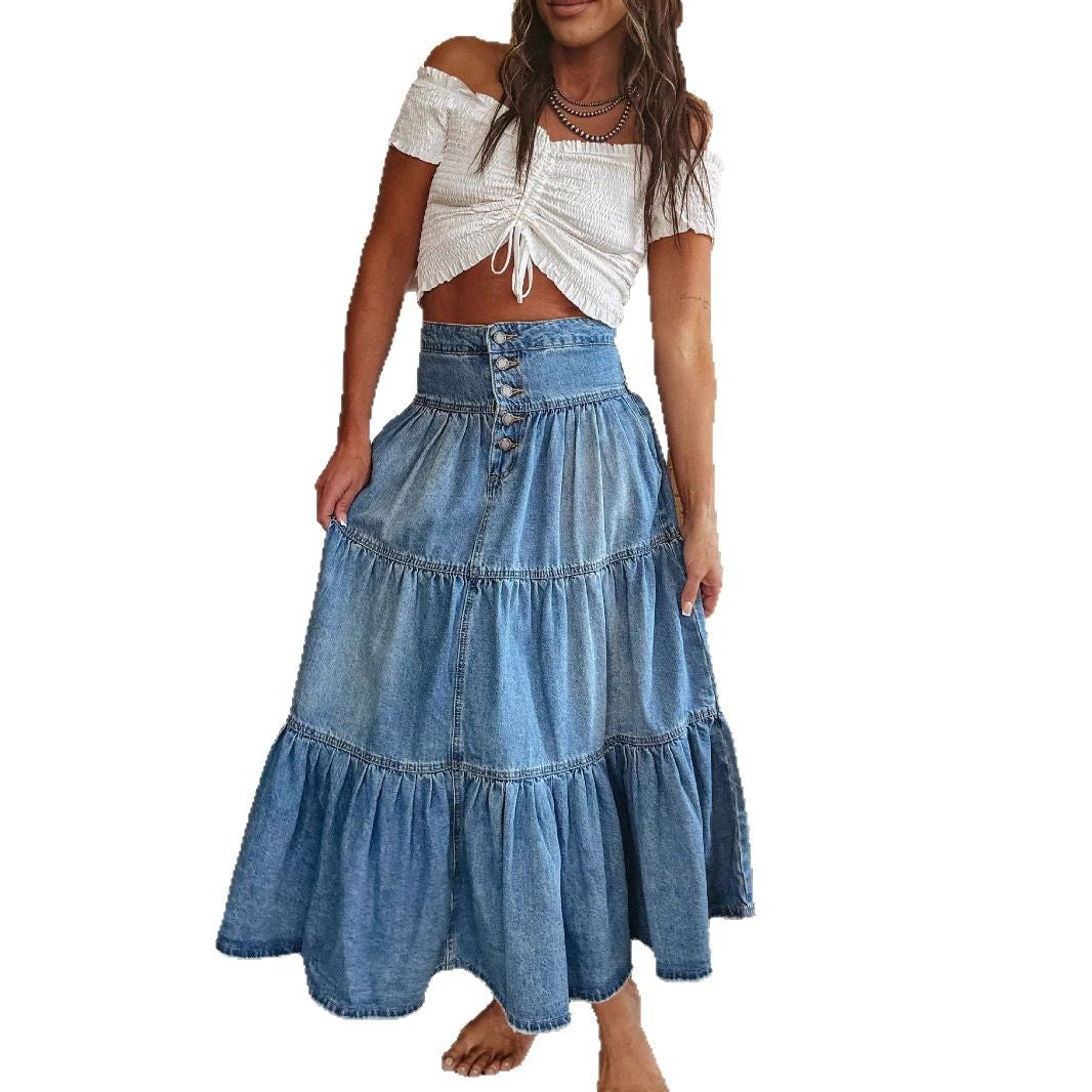 Versatile women's maxi midi skirt with tiered layers and a chic button front. Ideal for spring fashion.