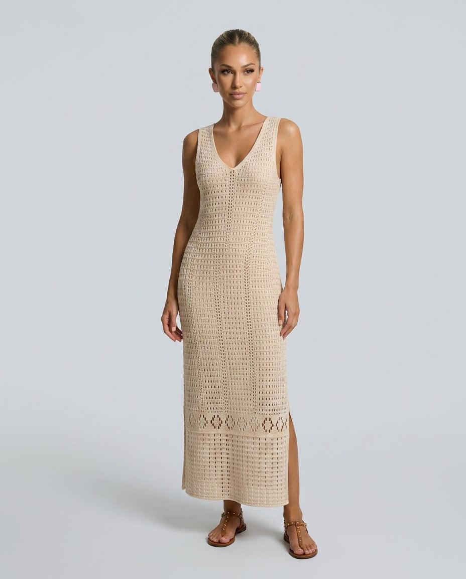 Women's relaxed V-neck crochet maxi dress with elegant side slit, perfect for summer beachwear or resort vacation.
