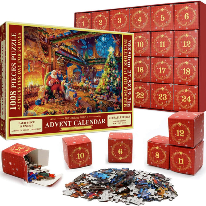 Christmas Puzzle Advent Calendar with 24 festive doors. Perfect holiday family fun & countdown gift.