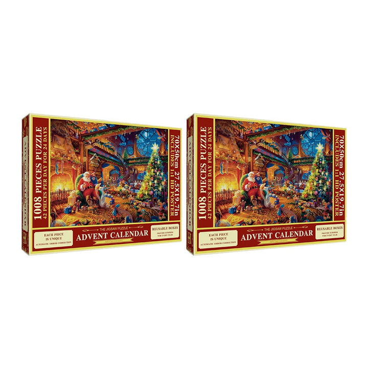 Christmas Puzzle Advent Calendar surrounded by festive decor, ready for holiday family fun.