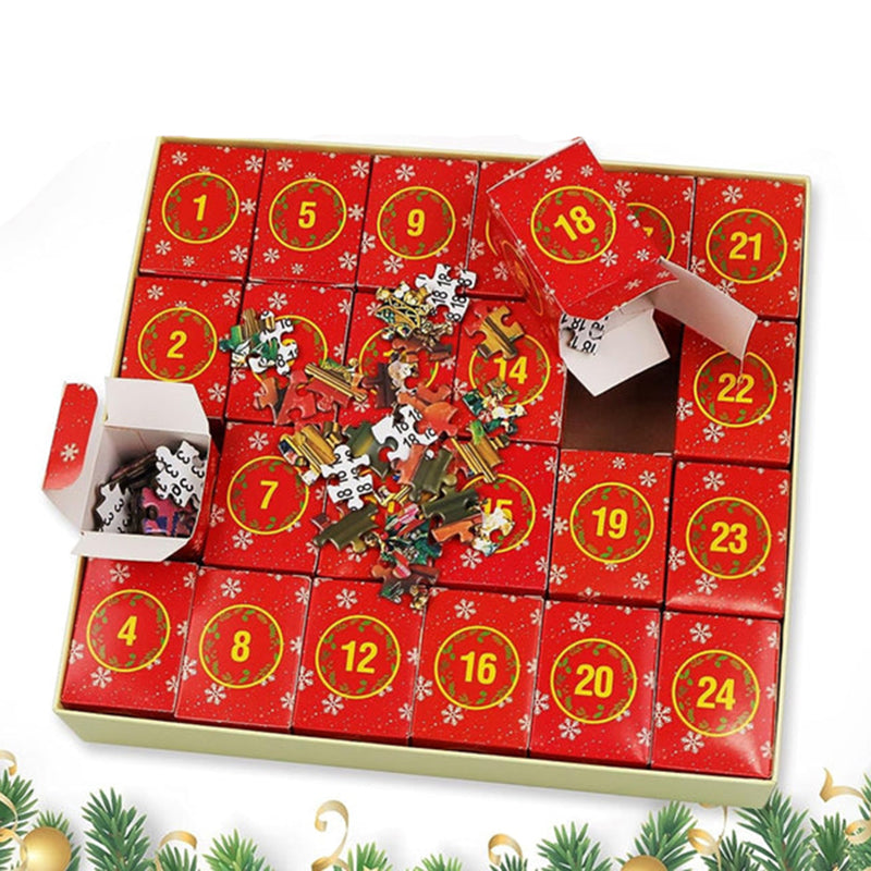 Detailed view of the Christmas Puzzle Advent Calendar box, showing doors & holiday design.