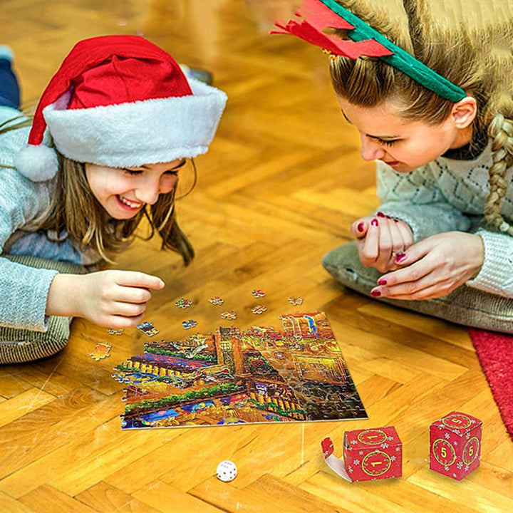 Close-up of a brightly colored Christmas puzzle piece from the Advent Calendar. Festive design.