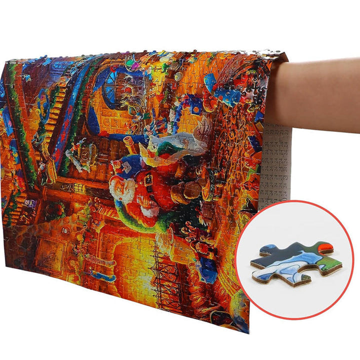 Hand opening a door on the Christmas Puzzle Advent Calendar, revealing a new puzzle piece.