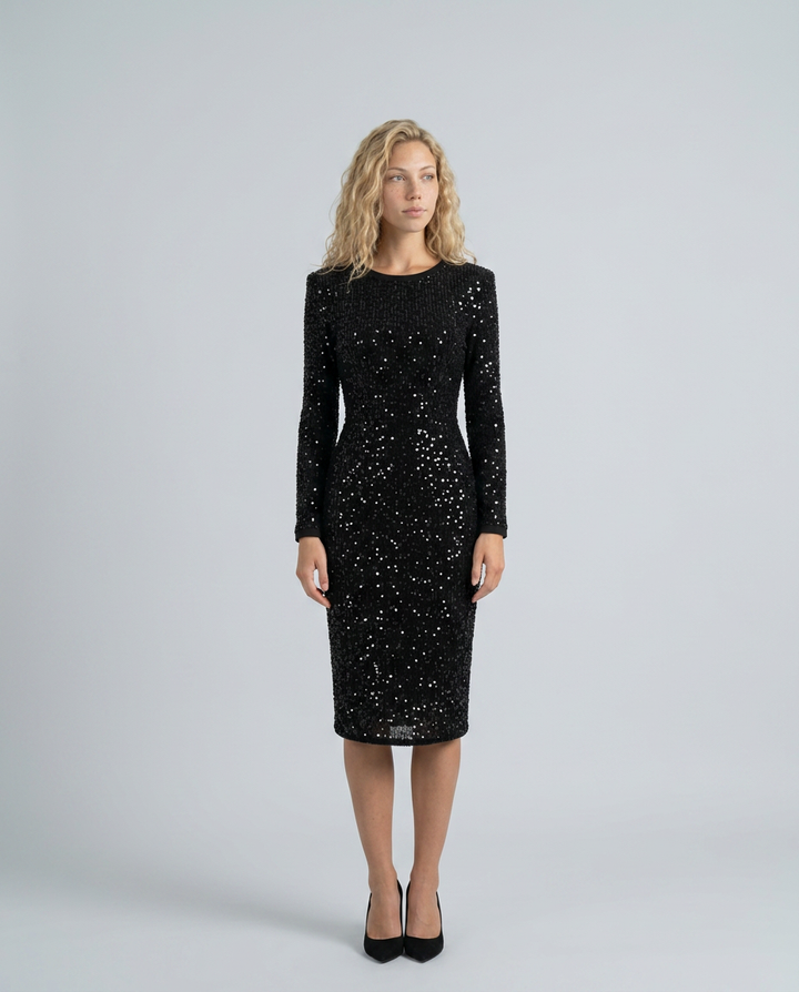 Elegant women's black sequin midi party dress with long sleeves for formal, cocktail & special occasions.