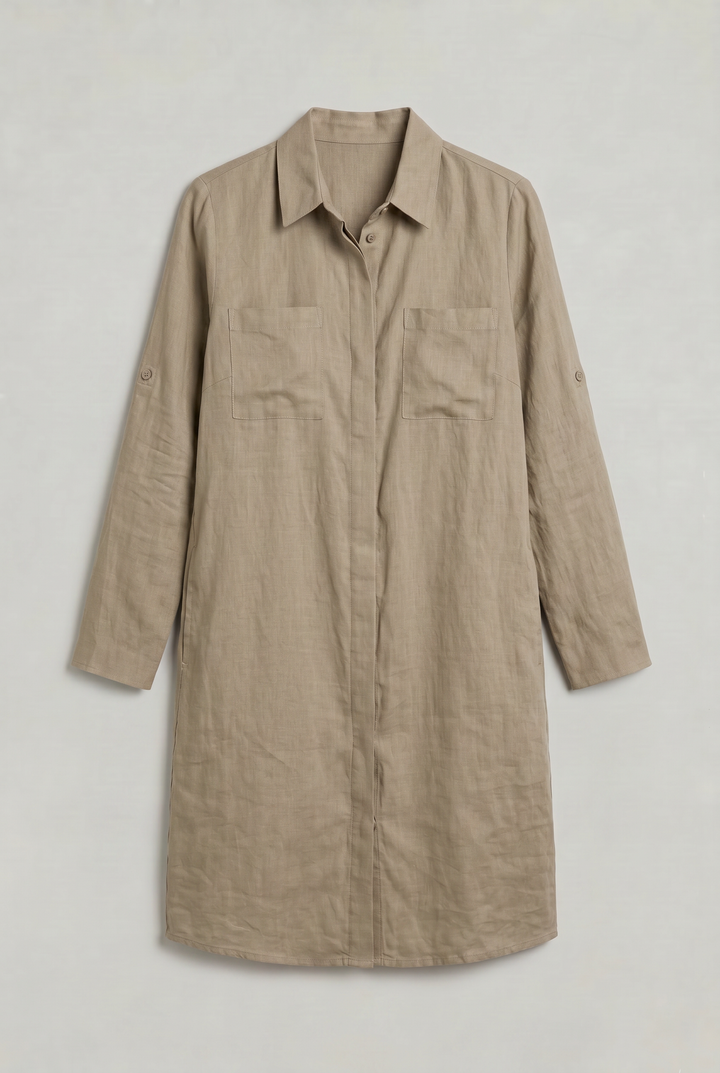 Casual women's long-sleeve button-down shirt dress with a relaxed, comfortable oversized fit.