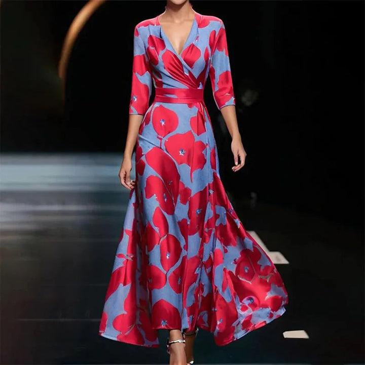 Sophisticated A-line floral maxi cocktail dress for women, ideal as an evening gown or party wear.