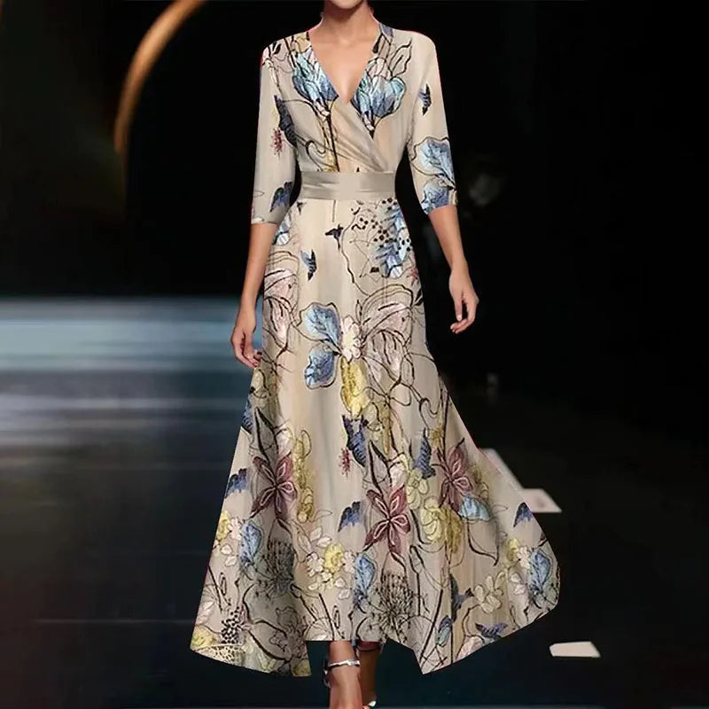 Women's half-sleeve V-neck A-line floral print maxi cocktail dress. Sophisticated party & formal wear.