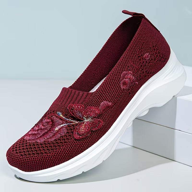 Women's walking shoes: floral orthopedic slip-ons with cushioned arch support for comfortable strides.