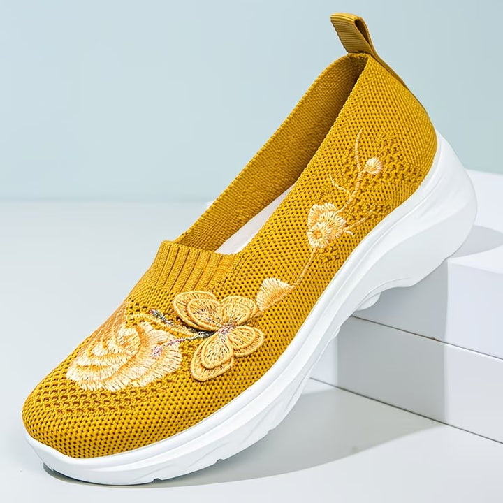 Elegant embroidered floral women's orthopedic slip-on shoes, supportive & comfortable for daily use.