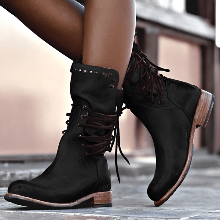 Classic black women's lace-up ankle boots. Timeless vintage style, comfortable for daily wear & fall fashion.
