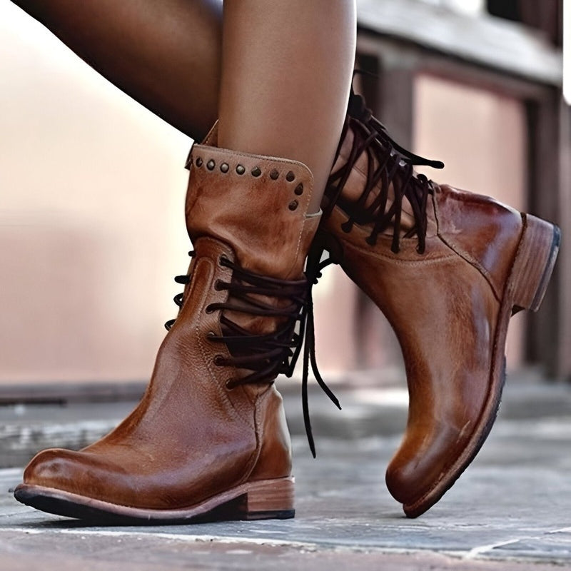 Elegant brown women's lace-up boots, perfect for versatile fall & winter fashion. Comfortable retro ankle style.