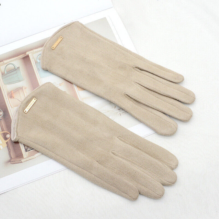 Elegant black suede women's touchscreen gloves, perfect for winter and cold weather.