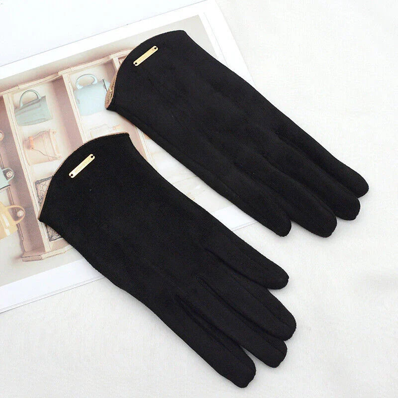 Stylish pink suede winter gloves for women, touchscreen friendly with cashmere interior.