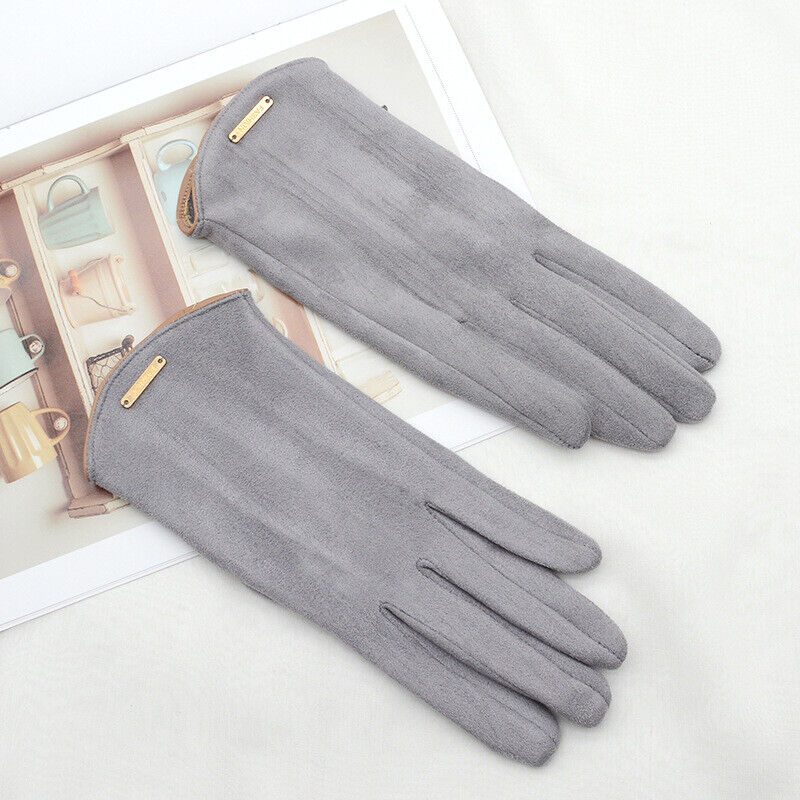 Khaki suede women's gloves, touchscreen compatible, offering cozy warmth in winter.
