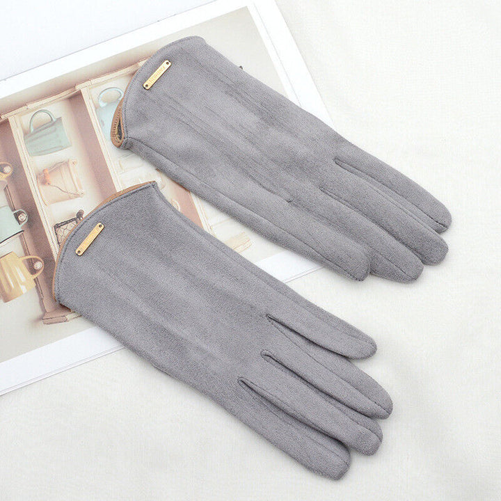 Khaki suede women's gloves, touchscreen compatible, offering cozy warmth in winter.