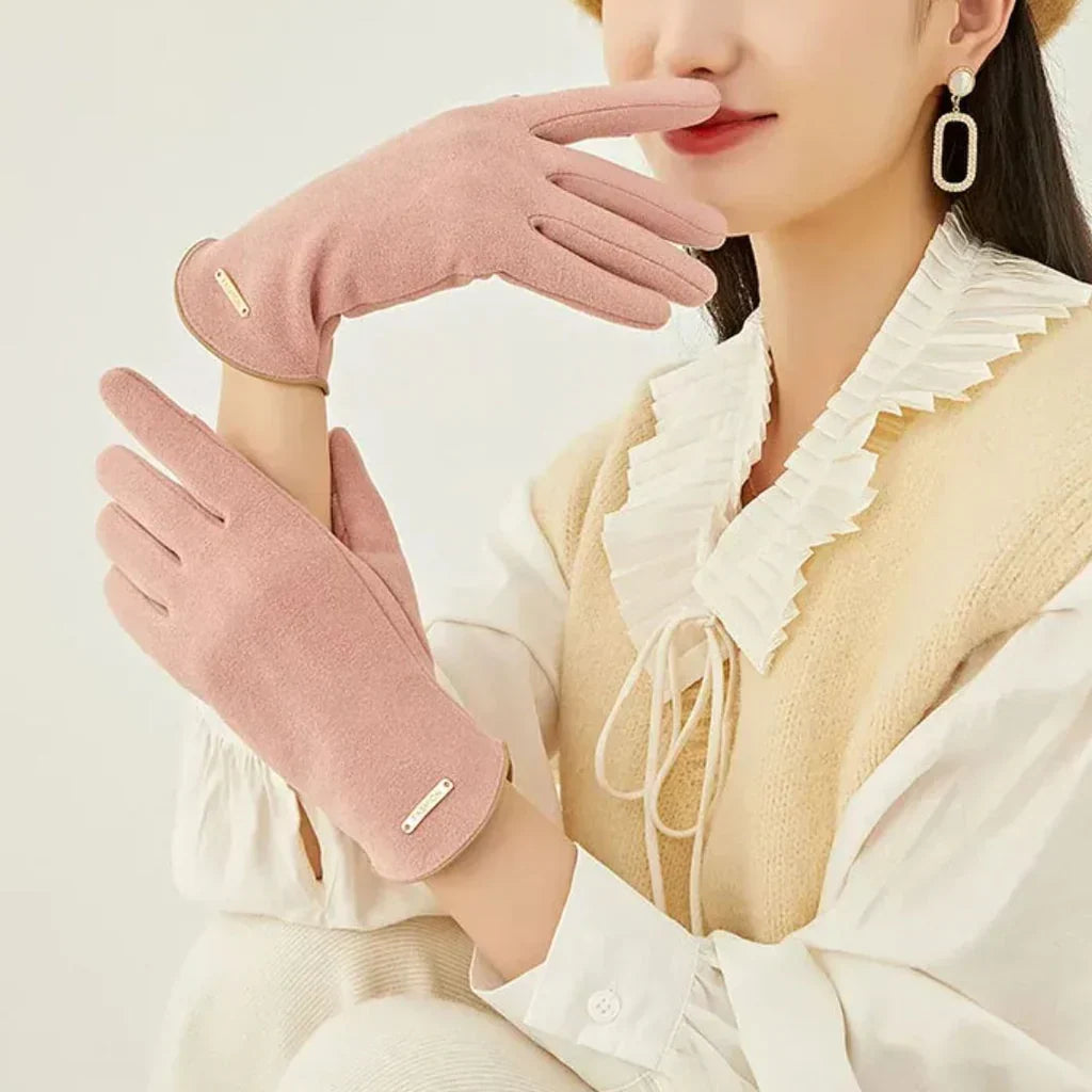 Versatile khaki women's suede winter gloves, touchscreen enabled for convenience.