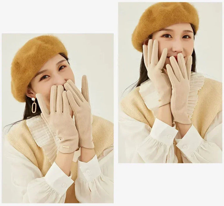 Practical women's winter gloves, elegant suede, touchscreen friendly & cashmere warm.