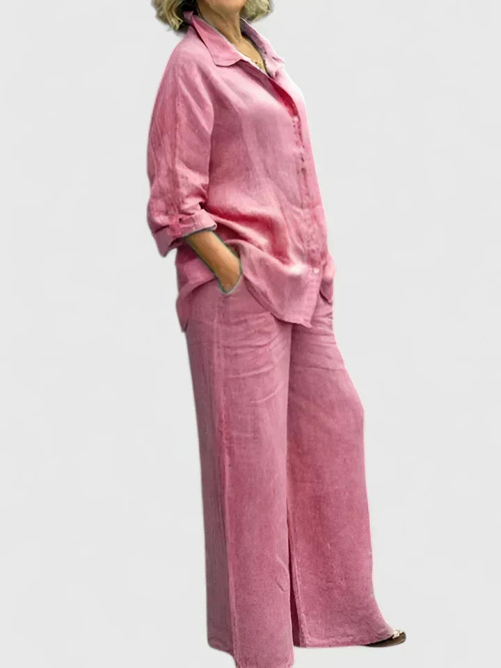 Women's effortless button-down shirt & wide-leg pants set. Relaxed fit, perfect for comfortable casual wear.