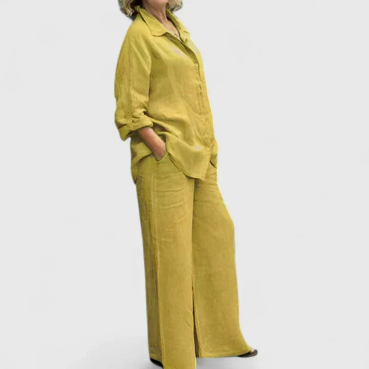 Versatile women's button-down shirt & wide-leg pants set for effortless coordinated or separate styling. Fashionable.