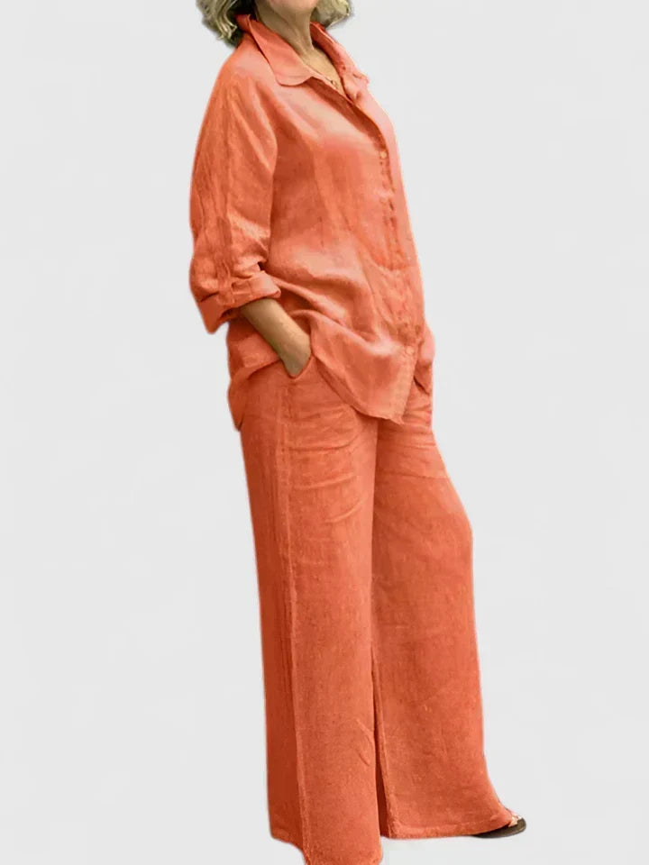 Stylish women's two-piece set: button-down shirt & wide-leg pants. Ideal for spring/summer fashion. Coordinated ensemble.